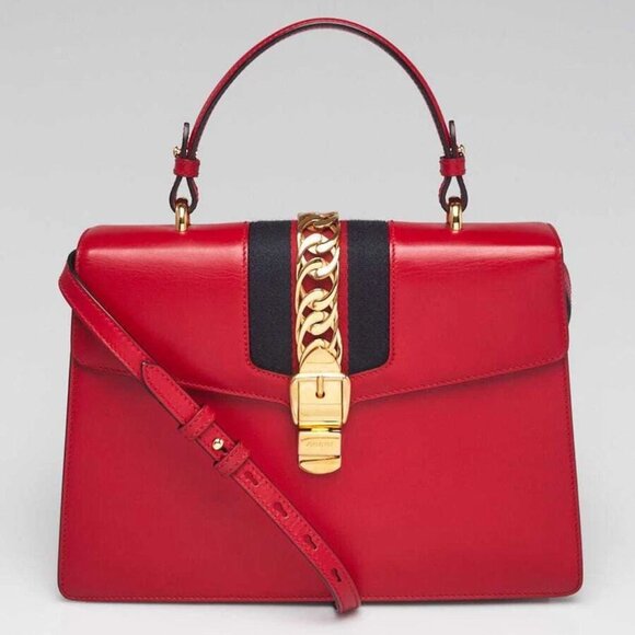 Gucci Red Leather Calfskin Leather Vintage Web Medium Sylvie Shoulder Bag - Picture 1 of 11